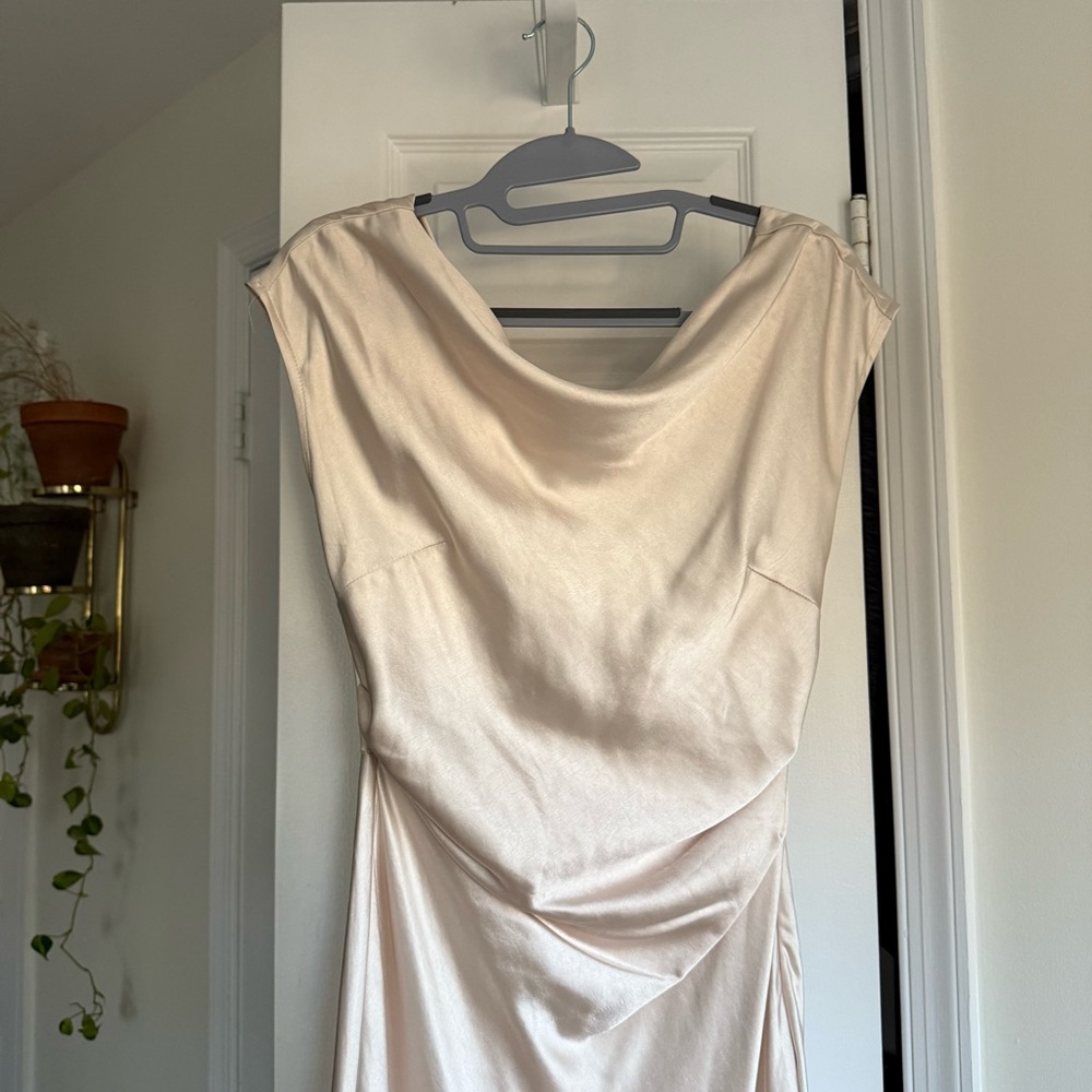 Hello Molly Champagne Gold Cream Satin Dress Size 6 Low Back Midi - Picture 5 of 8